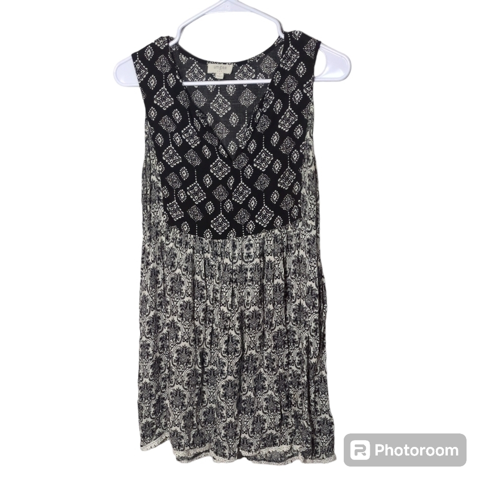 Umgee Bohemian Peasant Shift Dress Black/White Tunic Paisley Size Medium‎